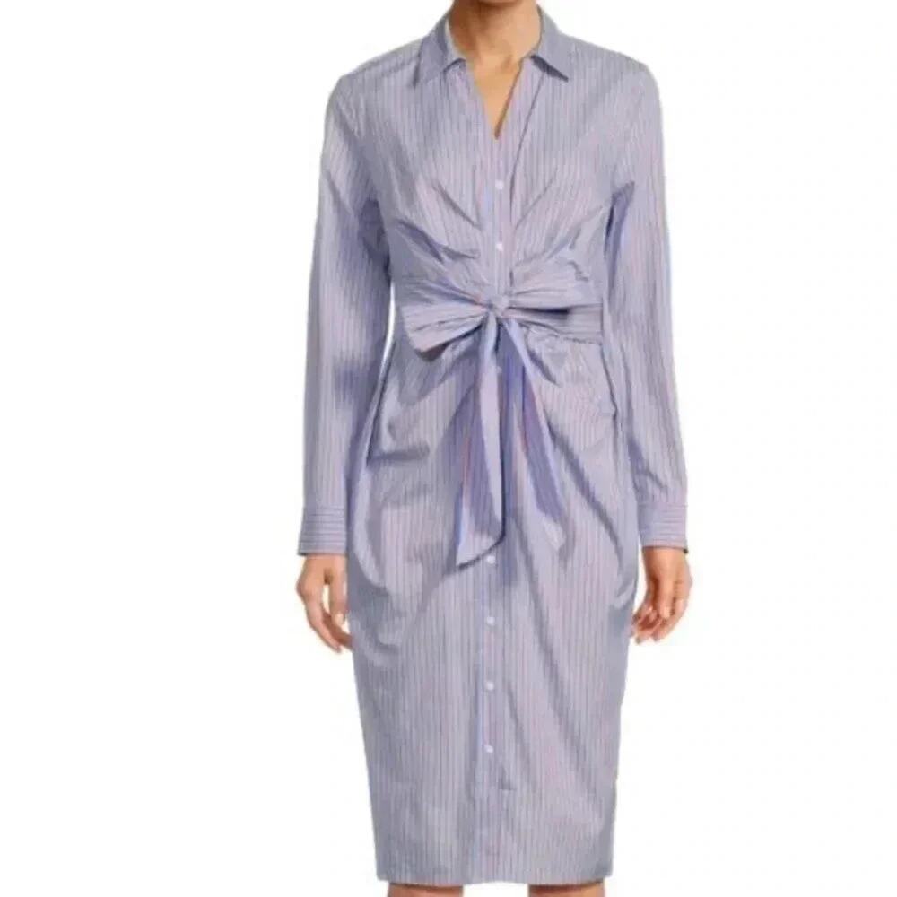 Ella RAFAELLA Womens dress striped shirt dress pleaded front bow preppy Office